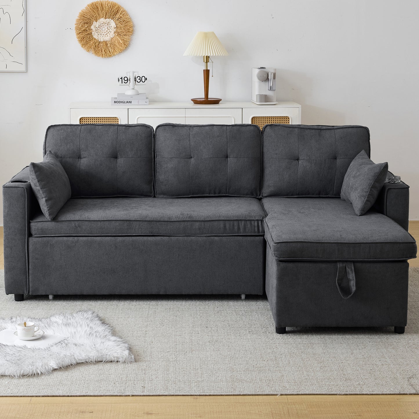 3-in-1 Convertible Sofa Bed With Internal Storage Chaise, L Shaped Sleeper Sofa Couches With Cup Holders, Pillows And Storage Pocket. Pullout Sectional Daybed For Living Room Bedroom Office, Grey