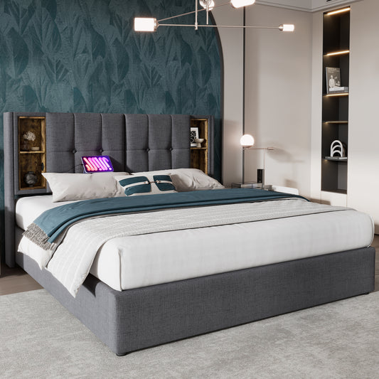 Double Bed With Wireless Charging USB C, Upholstered Bed Bed Frame 140x200cm, Bed Frame With Storage Slatted Frame Made Of Wood-grey Cotton  Without Mattress