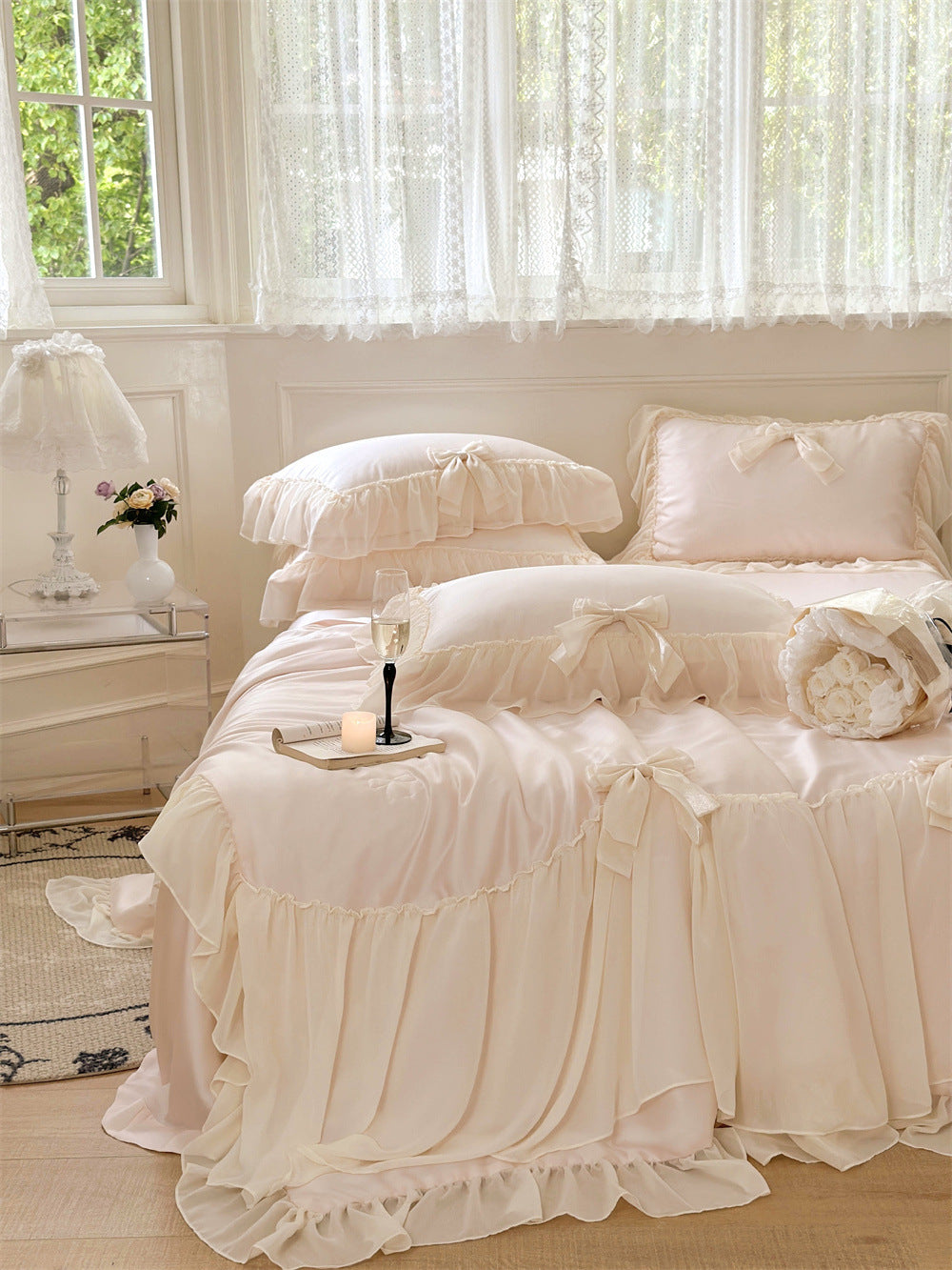 Pure Color Ruffles Princess Style Summer Quilt Tencel Summer Cooling Duvet Airable Cover Four-piece Set