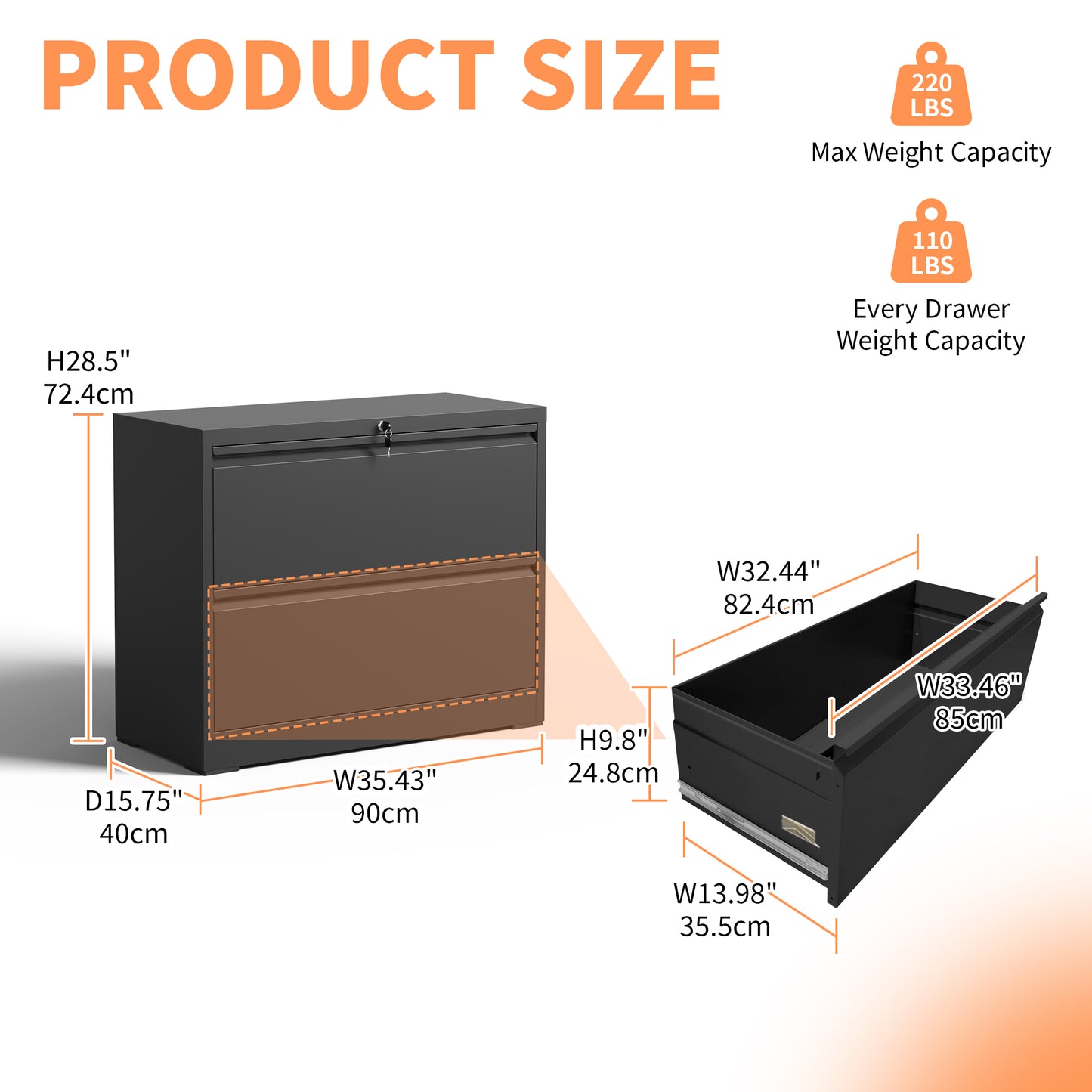 Lateral File Cabinet 2 Drawer, Black Filing Cabinet With Lock, Lockable File Cabinet For Home Office, Locking Metal File Cabinet For Legal Letter A4 F4 Size