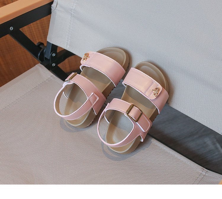 Girls' Fashion Letter Metal Button Sandals Korean Version Baby Velcro Single Shoes Girls' Leather Shoes