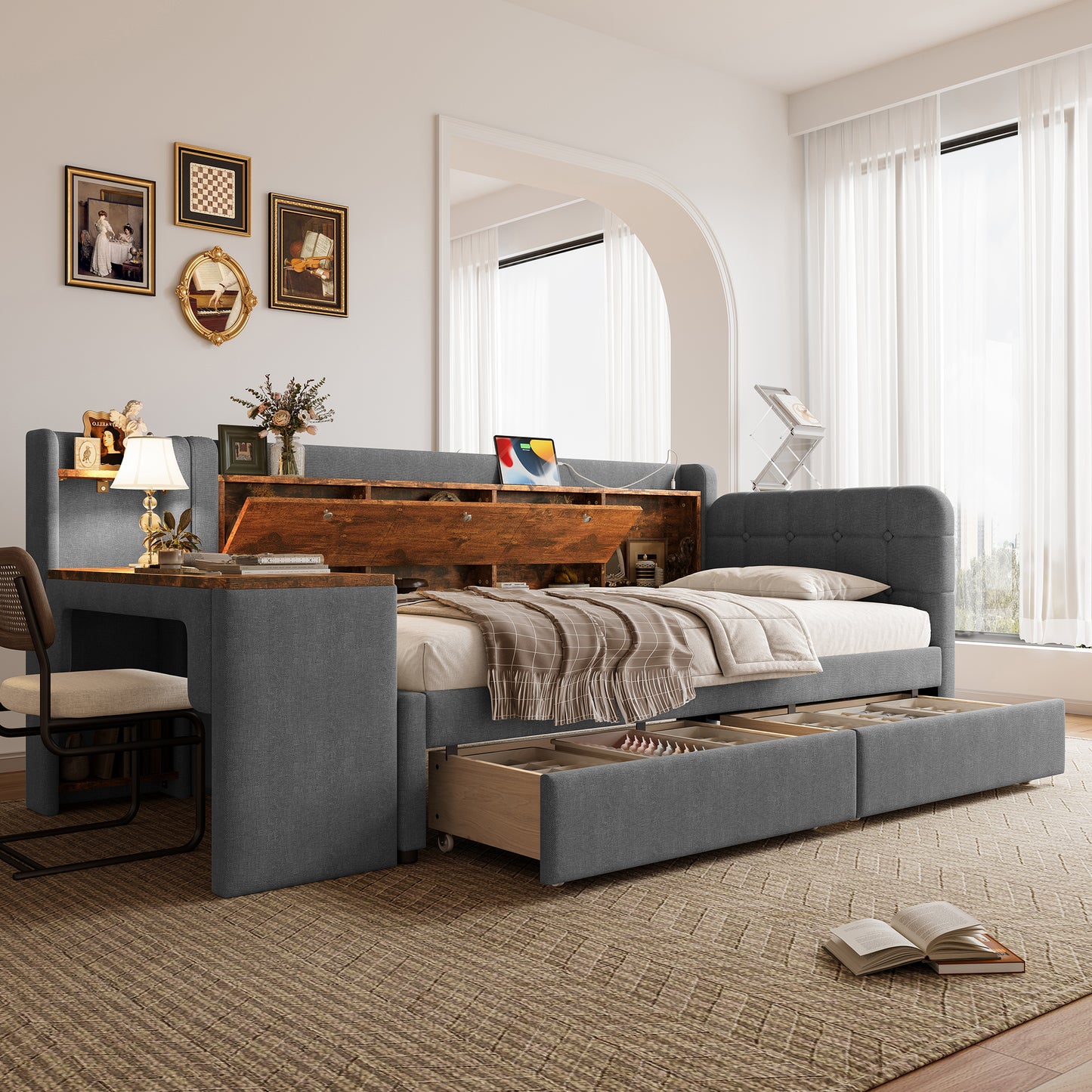 Daybed Daybed, Sofa Bed, With 2 Drawers, Desk, USB  Type C, Flip-top Storage Compartment, Storage Compartment, Bed With Slatted Base Without Mattress, Linen, Grey