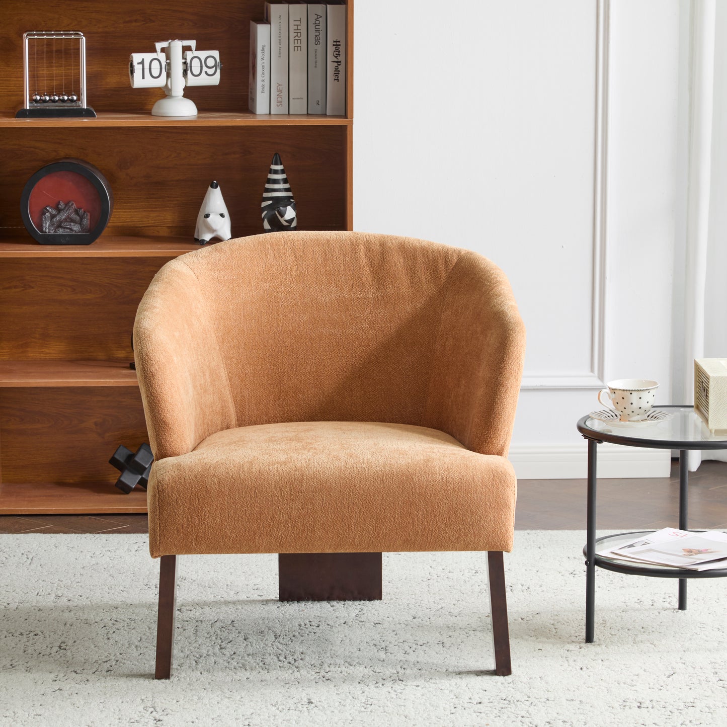 Modern Accent Chair With Round Back & Wooden Legs - Mid-Century Inspired Lounge Chair For Living Room, Bedroom, Or Office - Soft Fabric Upholstery