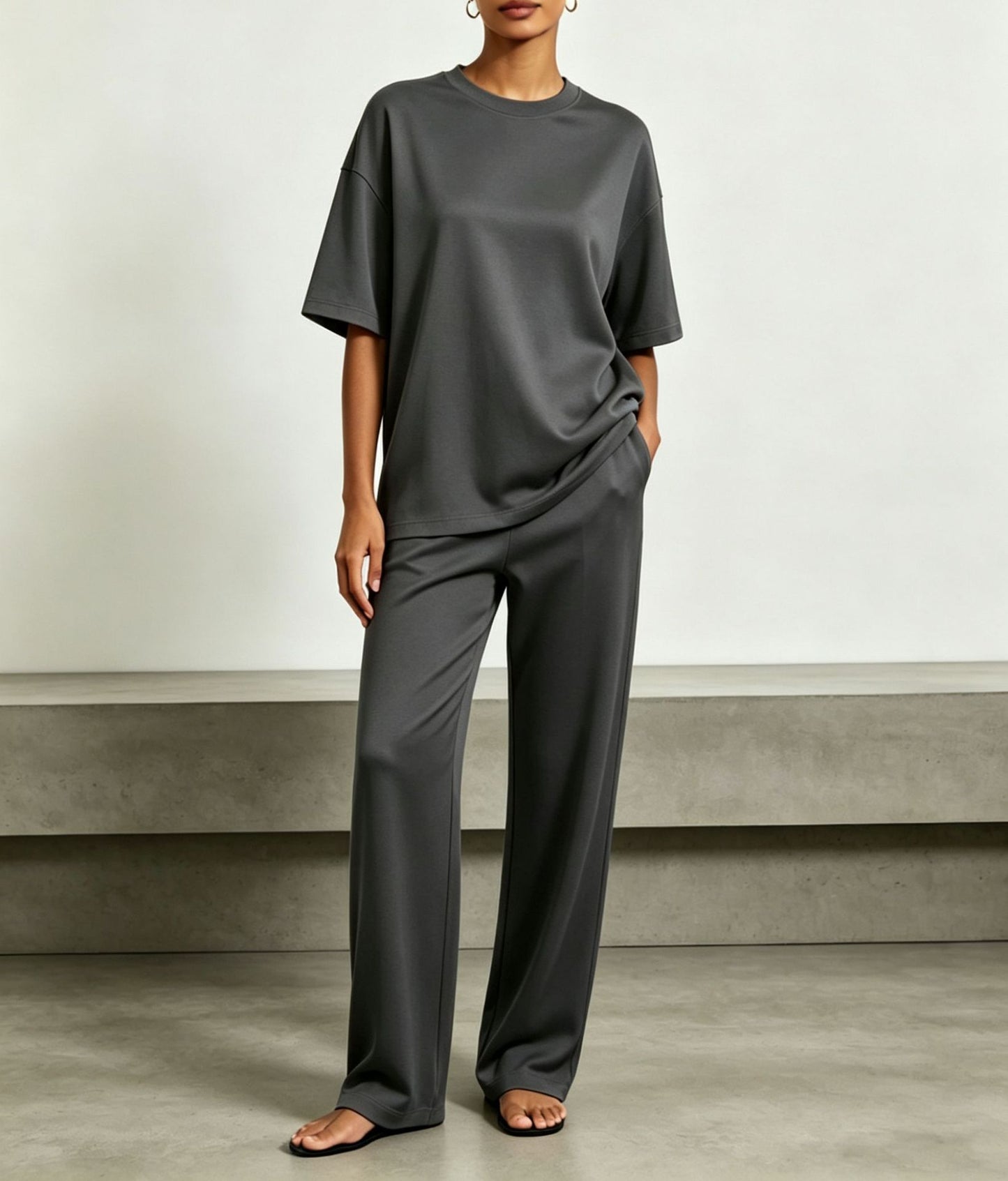 SpringSummer New Arrival Draped Solid-Color Slimming Wide-Leg Pants Set