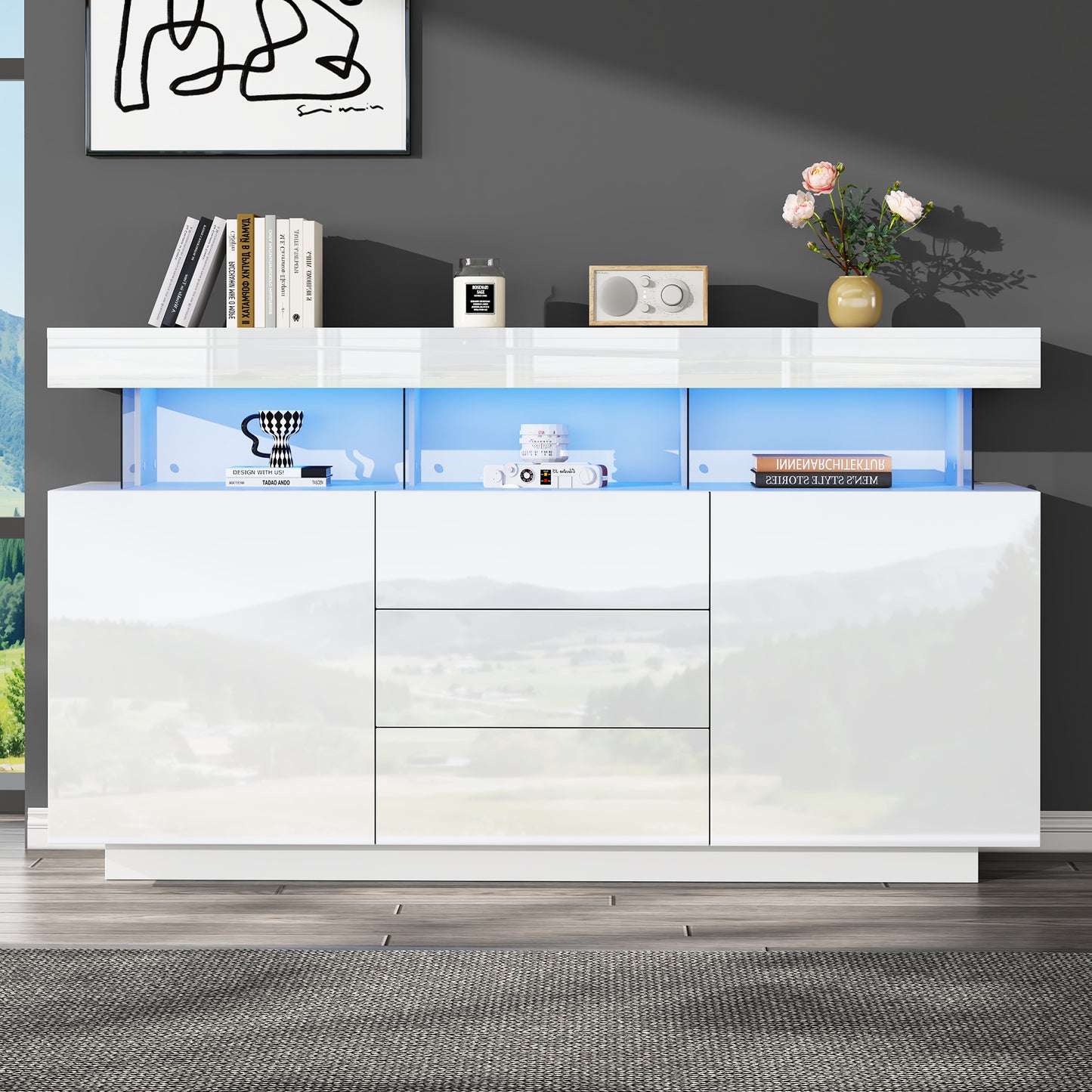 140 X 35 X 80 Cm Modern Sideboard, High-gloss Sideboard, Coffee Bar, Acrylic Sideboard With 16-color LED Light Strip, Suitable For Dining Room, Kitchen, Hallway White