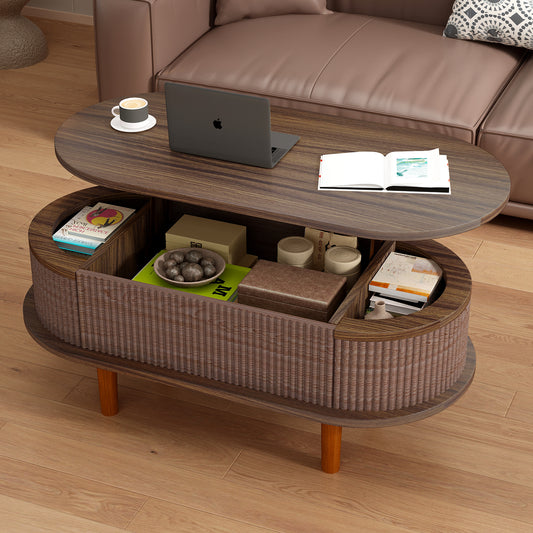 Fluted Lift Top Coffee Table With Hidden Compartment, Wooden Center Table, Modern Oval Lift Tabletop For Home Living Room Office, Walnut Color