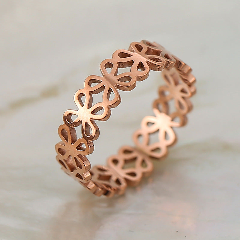 Womens Fashion Four-Leaf Clover Titanium Steel Ring