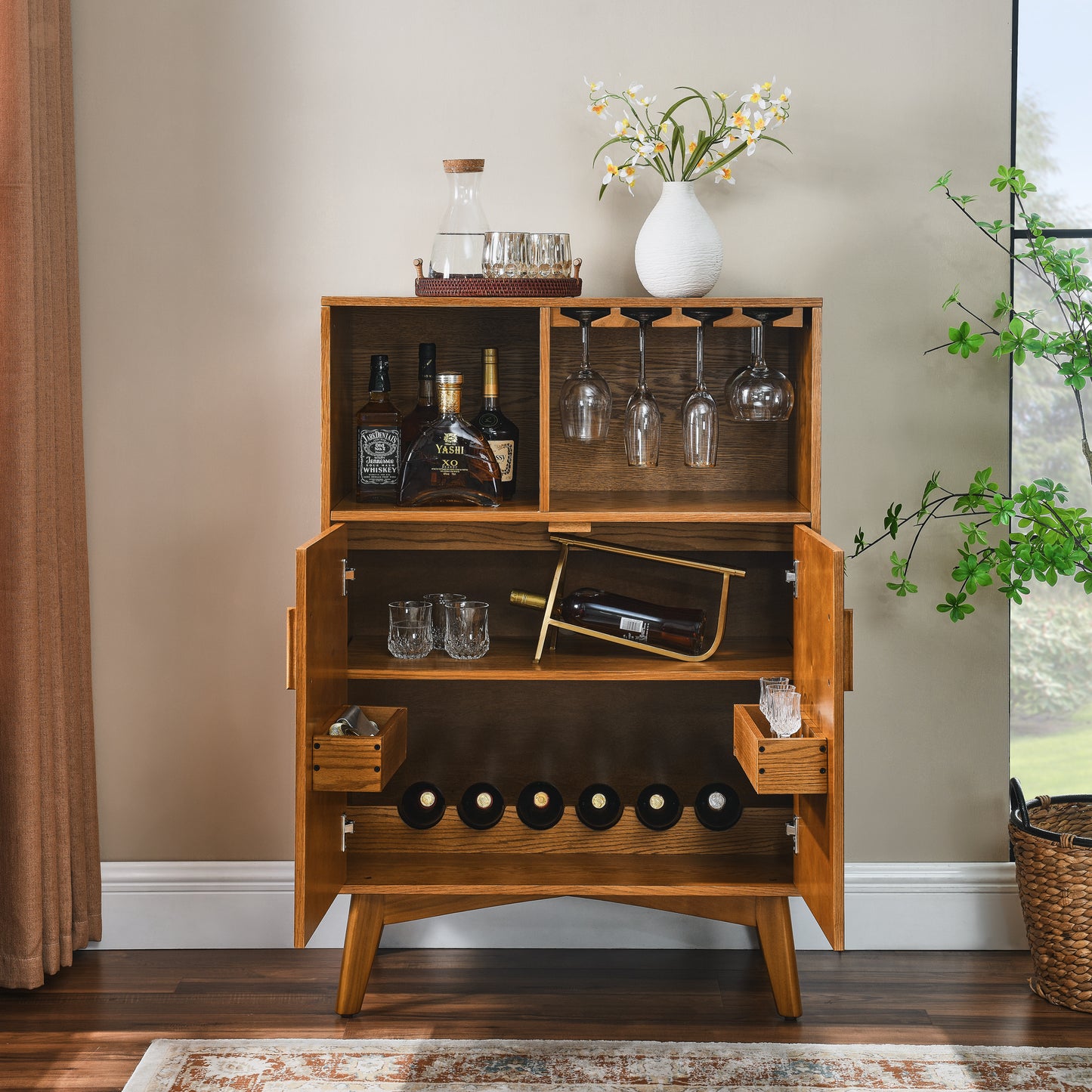 31.5  Liquor Cabinet With Wine Glass Holder & Wine Rack & Adjustable Shelf, Wine Cabinet, Kitchen Coffee Bar Cabinet, Rustic Sideboard Buffet  Cabinet With Storage For Home Farmhouse Dining Room