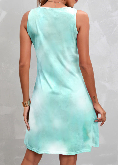 Beauty Clothing Sleeveless Round Neck Pleated Tie-dye Print Dress