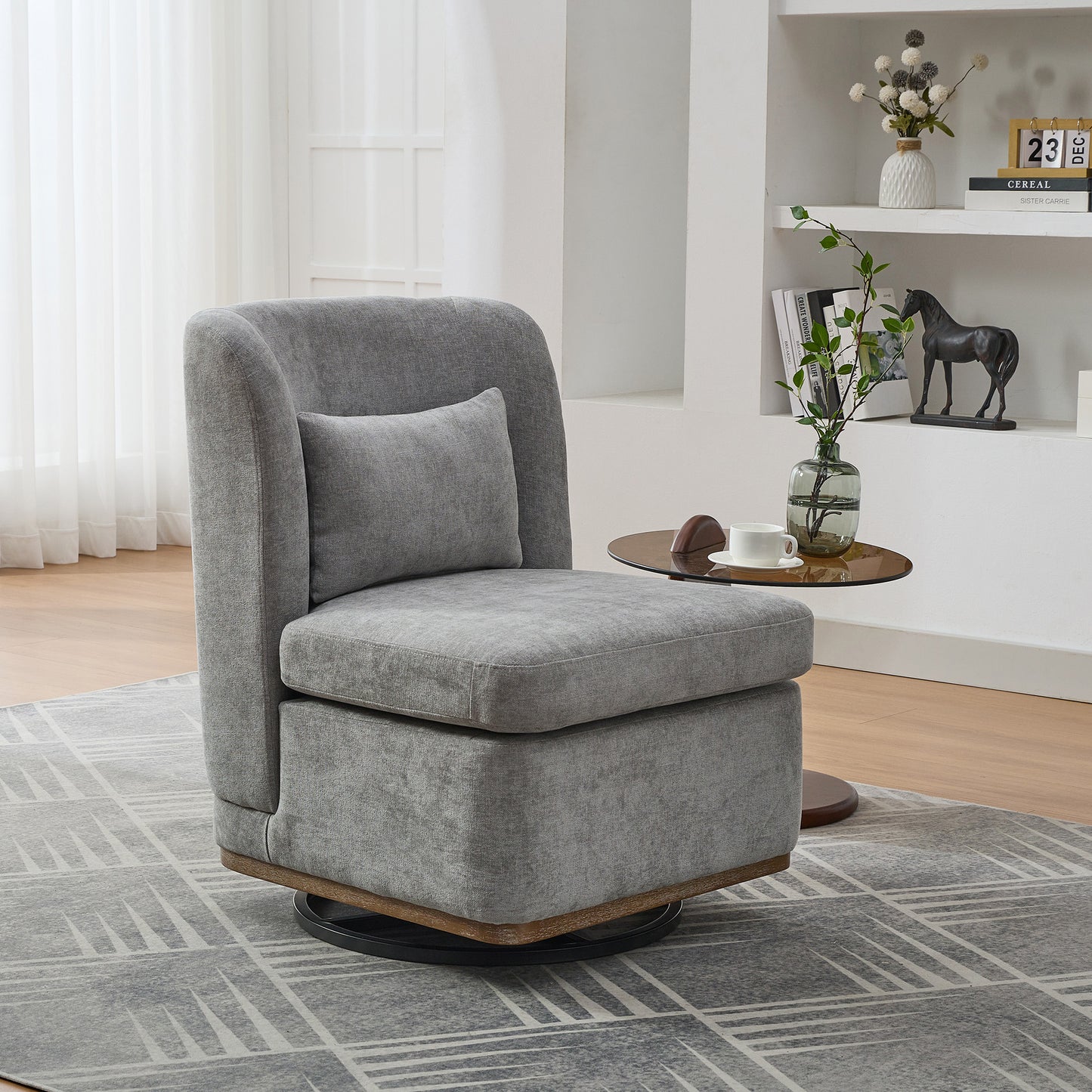 25.2  Wide Modern Chenille Cushioned Armless Metal Base 360 Swivel Chair With Pillow, Suitable For Living Room, Family Room, Bedroom, Lounge Area, Office.  Grey