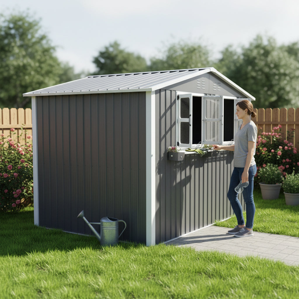9x6 FT Outdoor Metal Storage Shed With Window & Flower Rack, Lockable Double Doors Tool Shed, Waterproof Weatherproof Garden Shed For Patio, Gray
