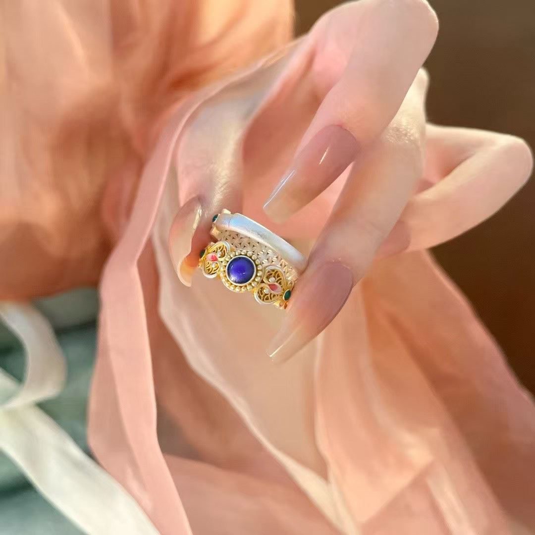 1pcs 999.9 Sterling Silver Gold-Plated Enamel Floral Ring, Luxury Retro Style, Ideal For Birthdays & Holiday Gifts