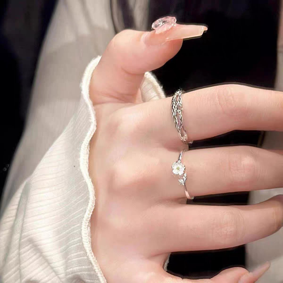 1 Pair 999 Sterling Silver Twig & Flower Couple Rings, Minimalist Romantic Style, For Daily Wear & Valentine's Gifts