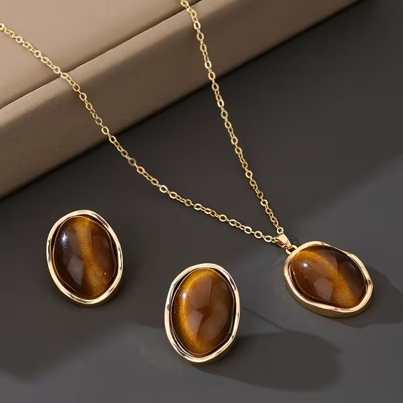 European American Exaggerated Water Drop Jewelry Set, Faux Tiger's Eye Inlaid Drop Pendant Stud Earrings & Necklace, Elegant Hepburn Style Textured Women Accessories