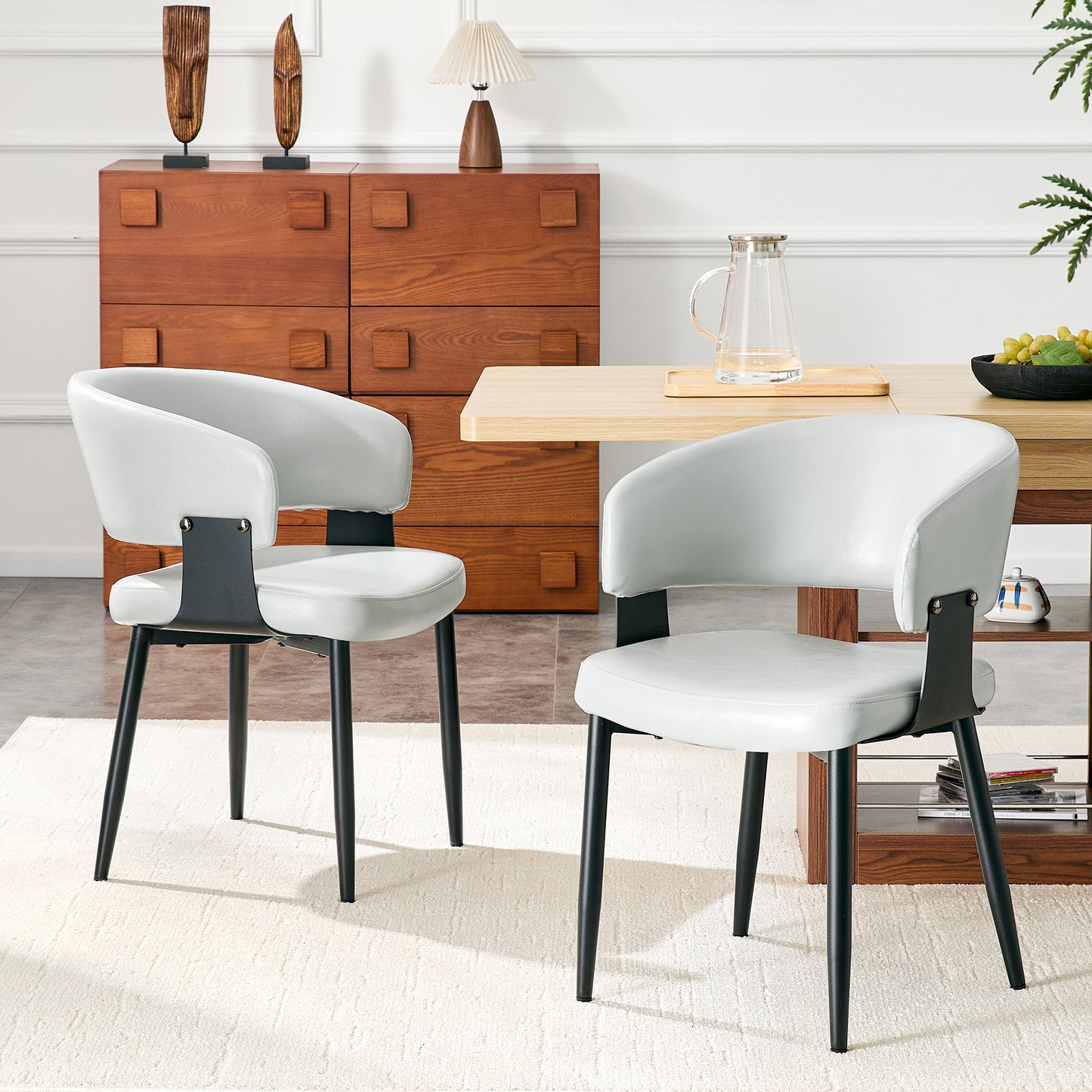 Mid-Century Modern Style Dining Chairs, Set Of 2, Retro Armchairs With Barrel Armrests And Patterned Backrest, Faux Leather Kitchen Chairs With Sturdy Legs For Home And Restaurants