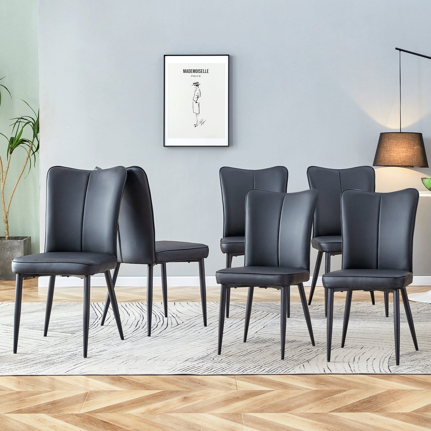 Modern Black PU Chair Set - Six Pieces, The Backrest Has A Vertical And Smooth Line Design.Suitable For Placement In Kitchen, Living Rooms, And Other Venues.