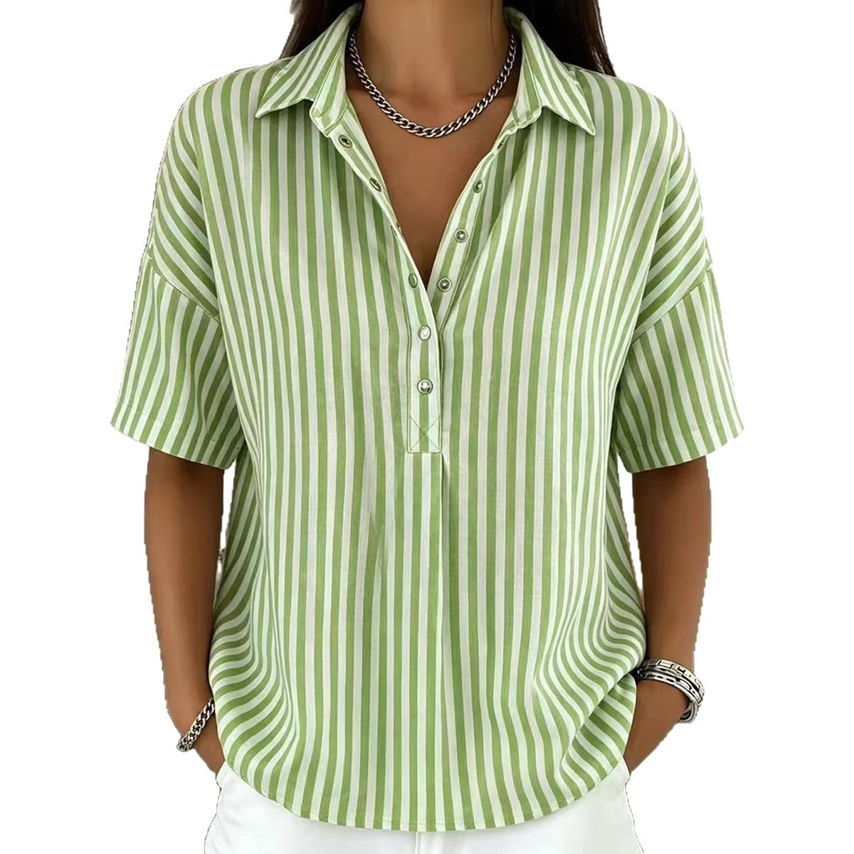 Womens Fashion Casual Striped Short-sleeve Shirt