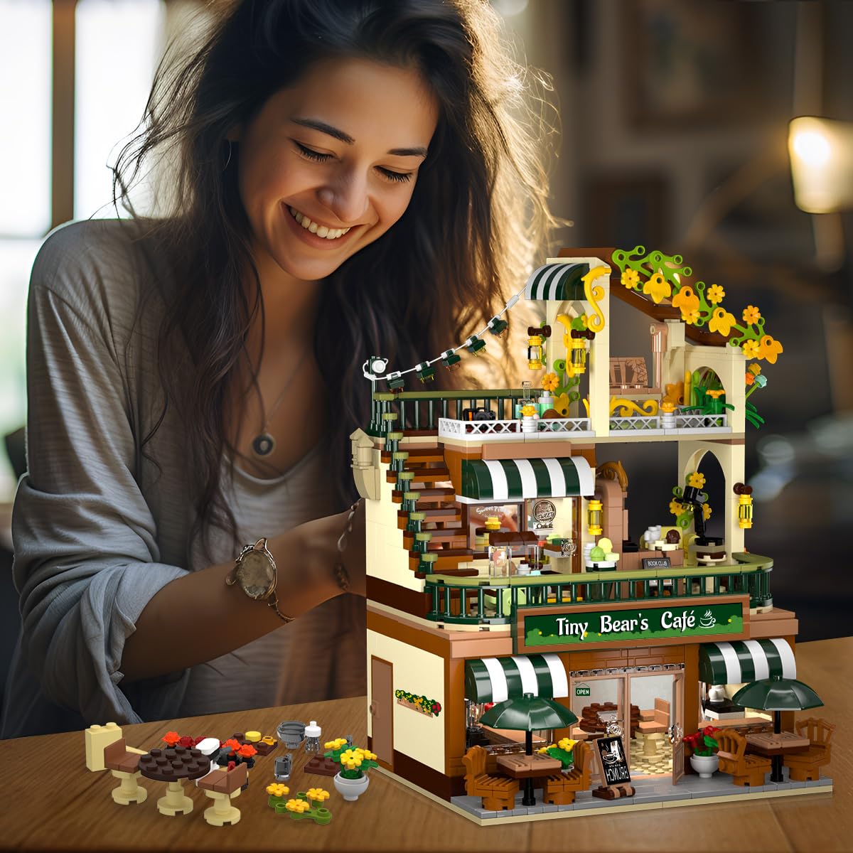City Coffee House Building Set With Light, 1173 PCS Cafe Shop Building Block Toy With Ordering Counter Baking Room, House Construction Model Gift For Adults Teens Kids Boys Girls