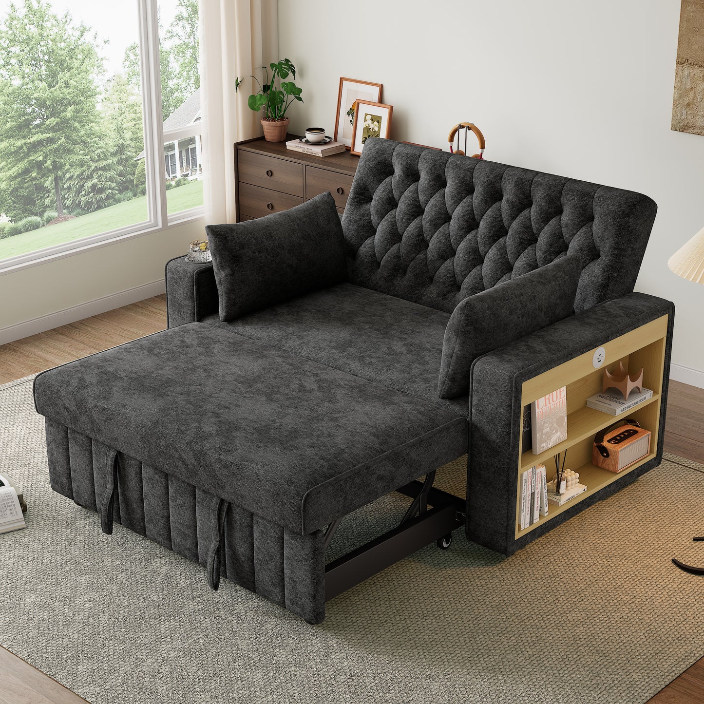 Multifunctional Sofa Bed, Modern Folding Sofa With Storage And Sleeping Function, Cup Holder, USB Charging Port And Pillows, Space-Saving Couch For Living Room, Bedroom And Guest Room, Gray