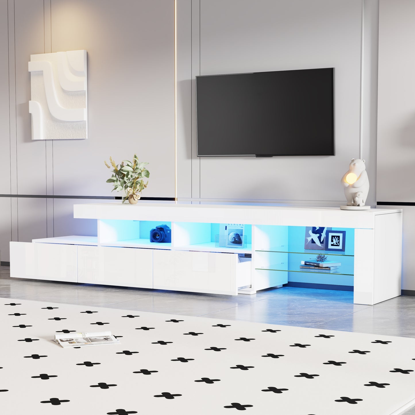 TV Cabinet With LED Lighting, High-gloss Front, Three Drawers, Suitable For TVs Up To 75 Inches, Suitable For Living Room, Bedroom And Dining Room, White, 180 X 35 X 45 Cm
