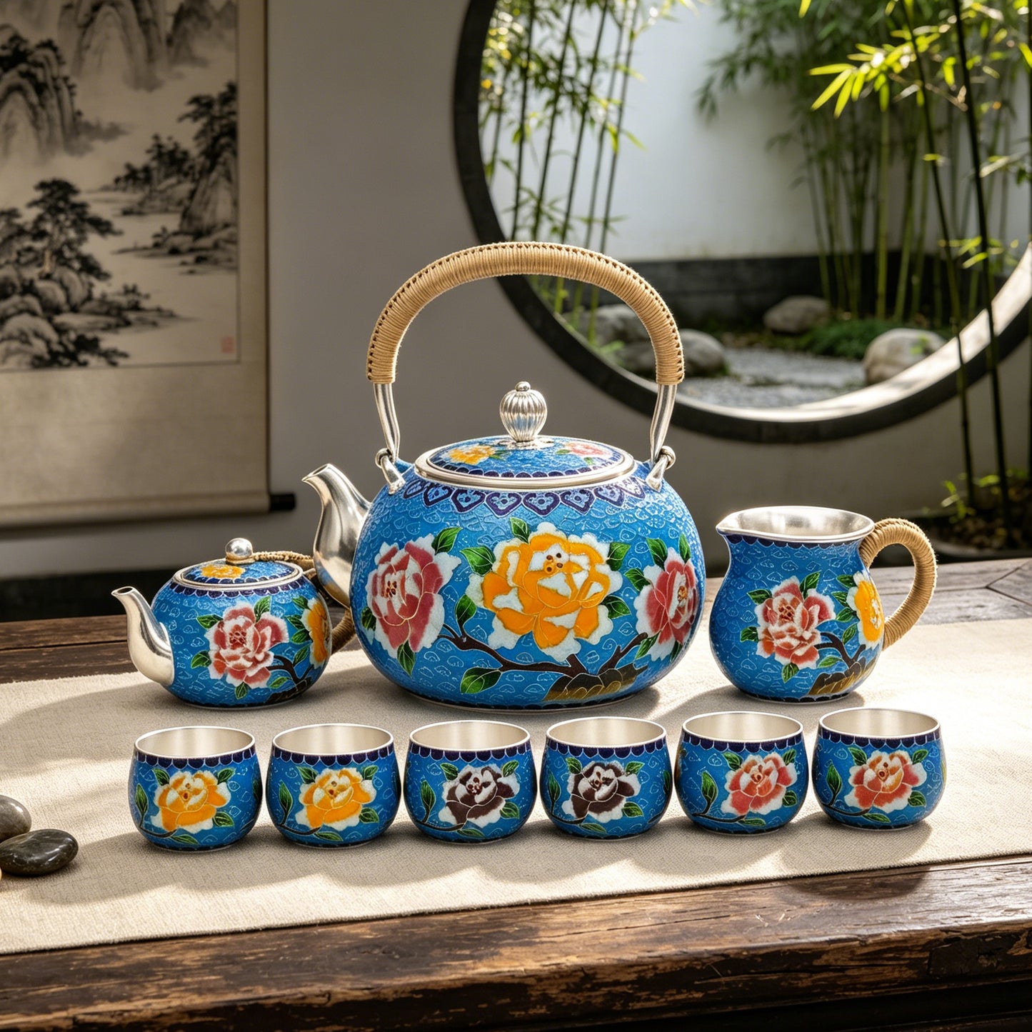 925 Sterling Silver Blue Enamel Floral Tea Set with Bamboo Handles - Handicraft