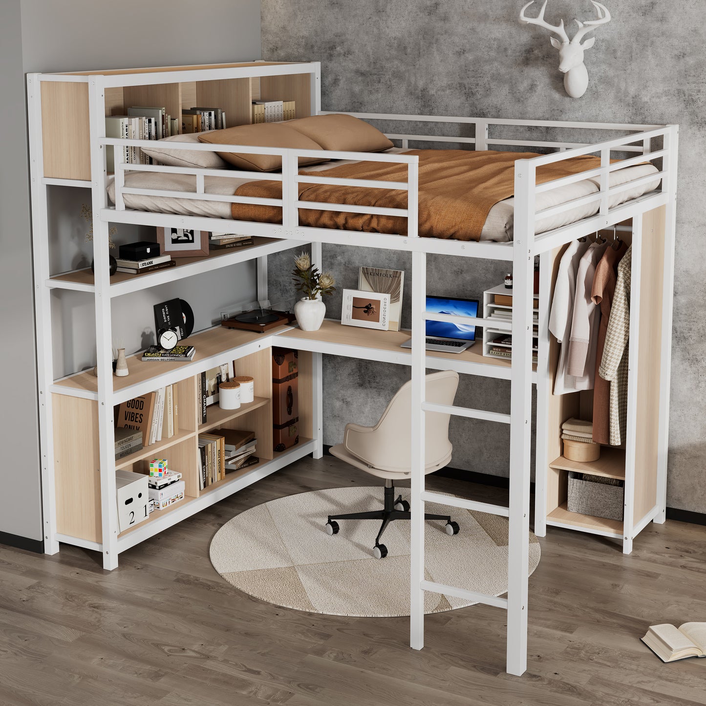 Iron Bed, Bunk Bed, Double-storey Storage Space Under The Desk, Upper Bed With Storage Space, With Wardrobe, Iron  Chipboard, White Natural, 140x200cm