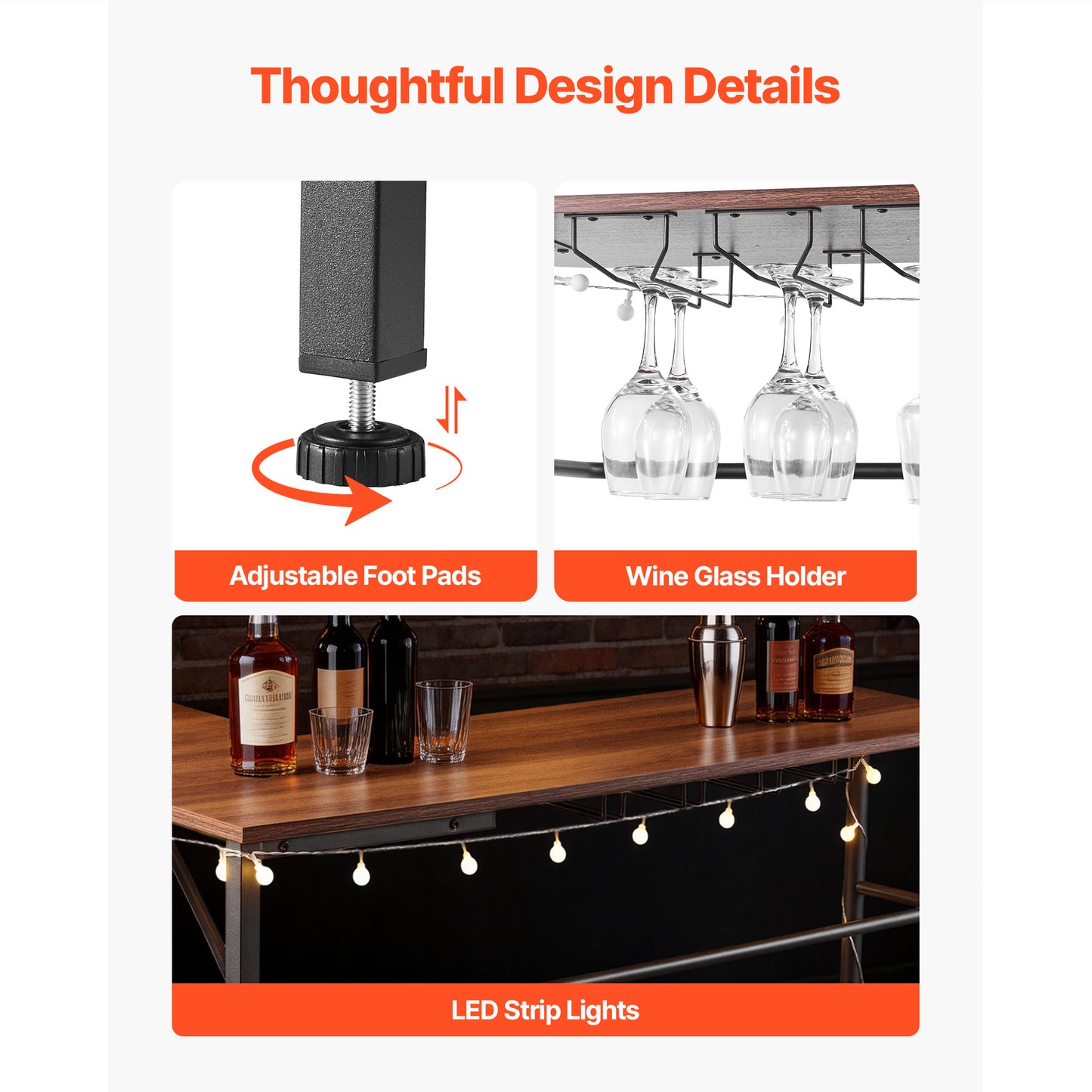 Home Bar Unit, L-Shaped Wine Bar Cabinet Table 3-Tier With Storage Shelves, Adjustable Foot Pads, LED Light, Walnut Finish & Metal Frame Liquor Cabinet For Home, Kitchen,Living Room,Pub,Basement