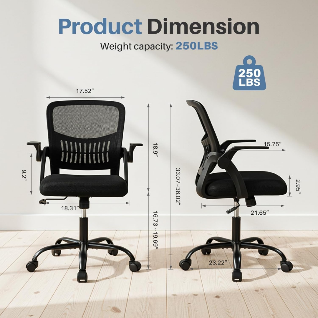 Home Office Computer Chair - Ergonomic Mid Back Desk With Lumbar Support And Rocking Mode, Height Adjustable With Fixed Armrest