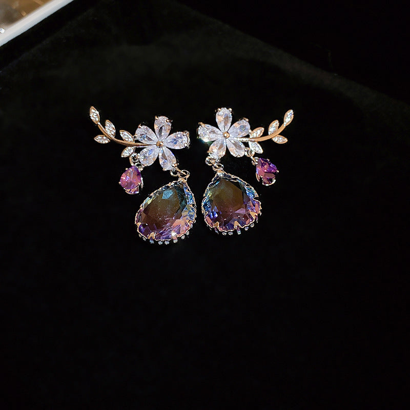 Korean Style Sweet Purple Rhinestone Crystal Flower Earrings For Women Luxury Elegant Versatile