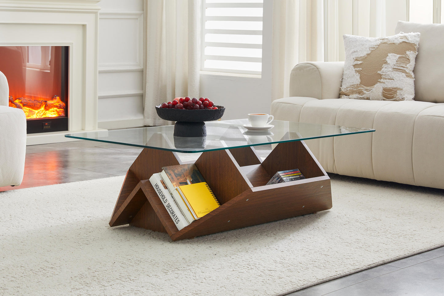 Multi-Storage Tempered Glass & MDF Coffee Table, Walnut Finish Coffee Table With Spacious Compartments For Daily Essentials, Modern Living Room Office Coffee Table