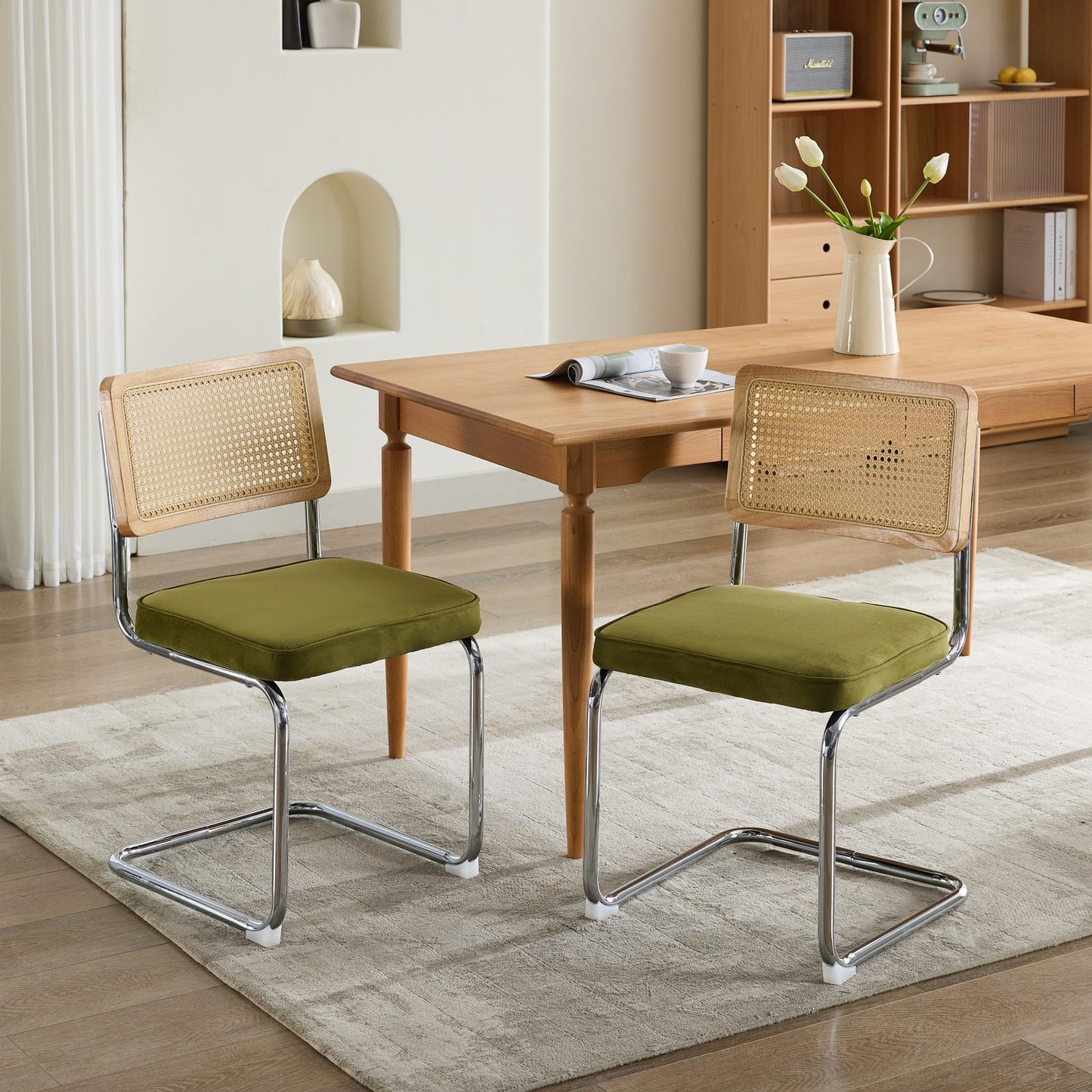 Mid Century Modern Dining Chairs Set Of 2, Velvet Accent Chairs With Natural Cane Back & Stainless Chrome Base, Famous Breuer Designed Chairs, Upholstered Rattan Kitchen Chairs,Olive Green, DE1851OL