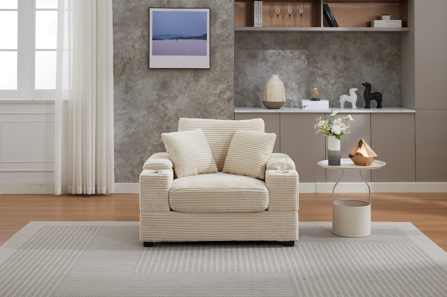 VIDEO New Corduroy Upholstered Chaise Lounge Sofa With Handrail Storage ,Movable Ottoman,Cupholders,Detachable Cushions Deep Seat For Living Room Office,3 Colour