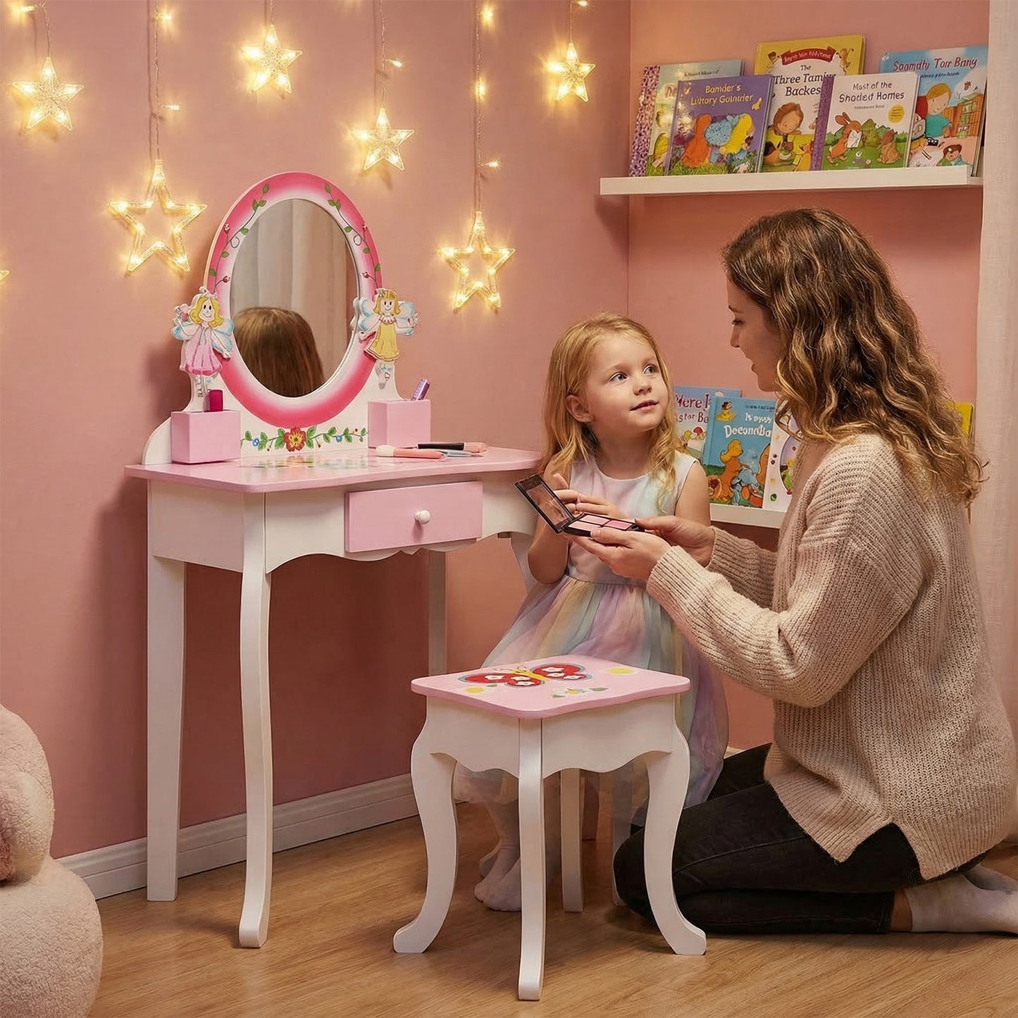 Kids Vanity Set Floral Printed Wooden Makeup Dressing Princess Table With Mirror And Stool For Role Playing Pink