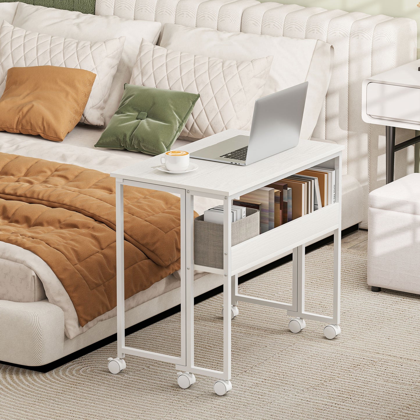 Folding Computer Desk, Foldable Desk with Storage Bag, Shelf and Wheels for Small Spaces, Home Office, White