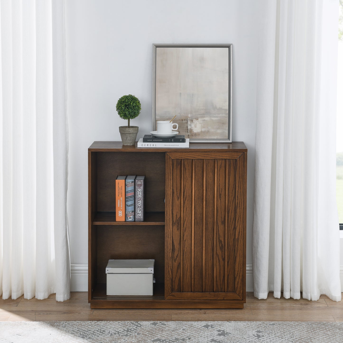 Mid Century Sideboard With 2 Sliding Door & Solid Wood Decorative Strips, Storage Cabinet For Living Room, Kitchen, Dining, Entryway, Hallway
