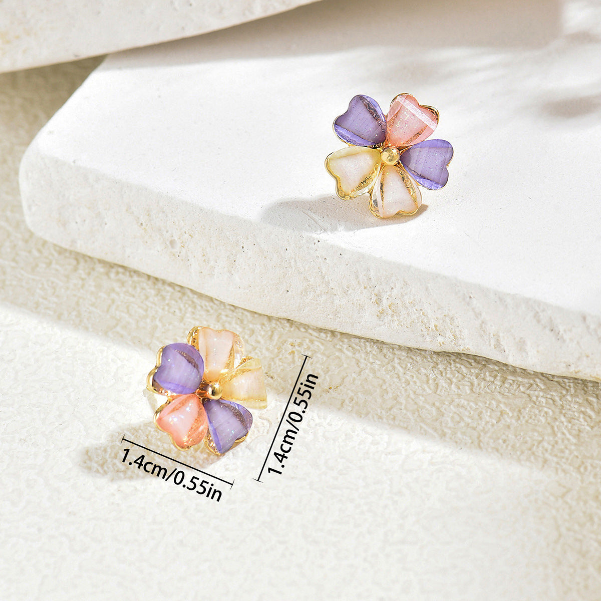 Hot Selling Cross-border Japanese Korean Style Women Earrings, Geometric Colorful Petal Inlaid Cubic Zirconia Stud Earrings, Niche Versatile High-end Ear Jewelry For Ladies