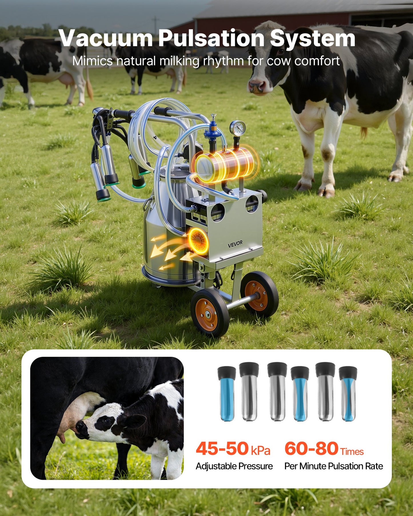 Electric Cow Milking Machine, 6.6 Gal / 25 L 304 Stainless Steel Bucket, Food-Grade Teat Cups And Silicone Hose, Strong Suction, Vacuum Pulsation, Electric Milker Machine With Wheels For Cow