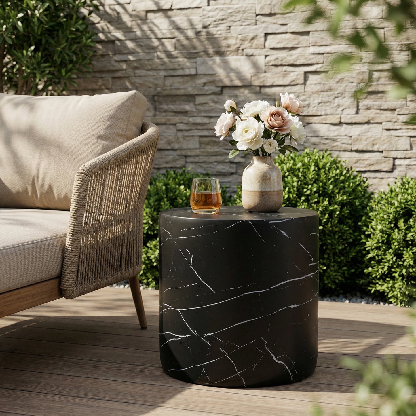 Outdoor Lightweight Concrete MGO Side End Table , Living Room Accent Table,Black Marble