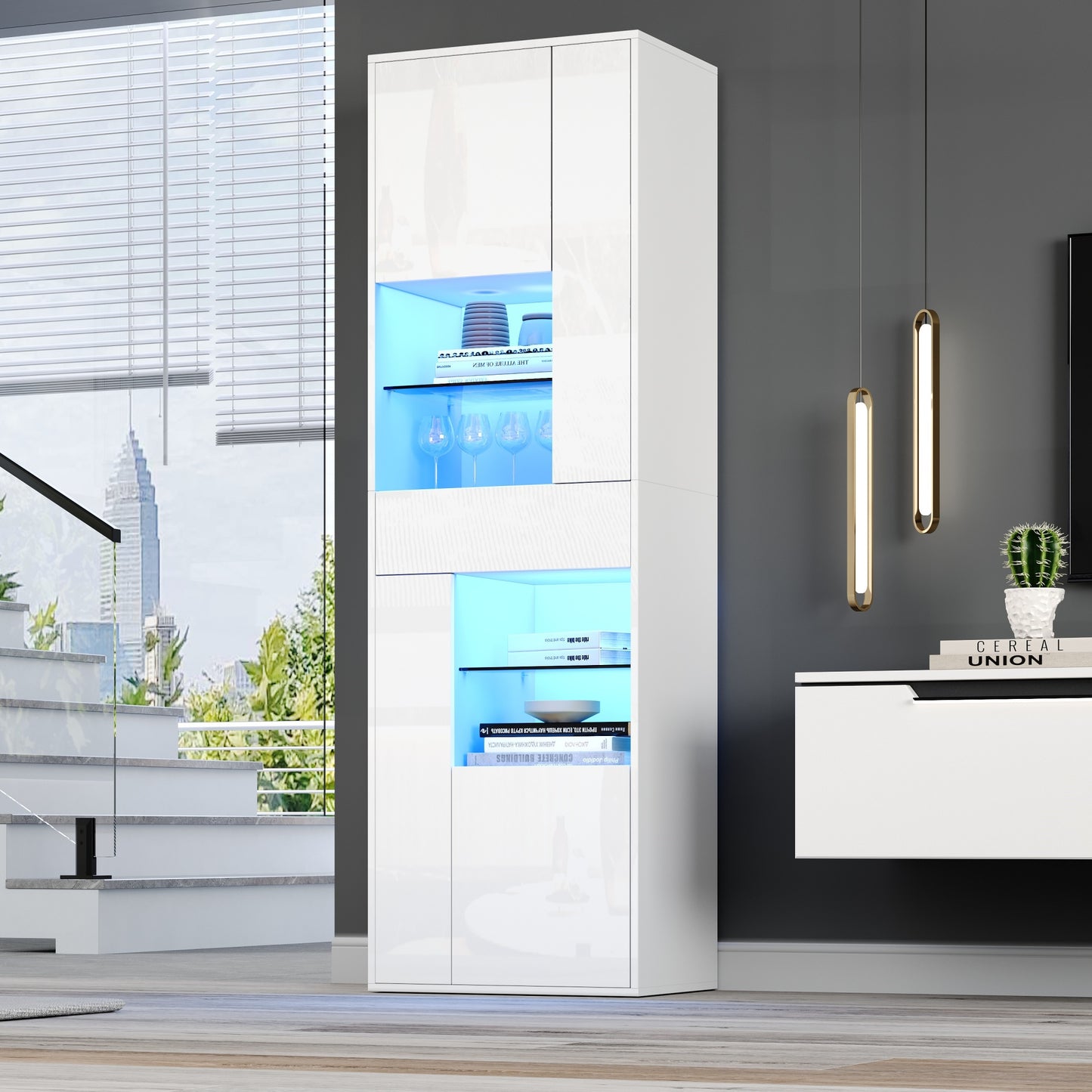 55x38x170cm Display Cabinet, Tall Cabinet With 1 Drawer And 4 Cabinets,Glass Display Cabinet Display Cabinets With LED Lighting, Display Cabinets With High Gloss Design,Living Room Cabinets, Display C