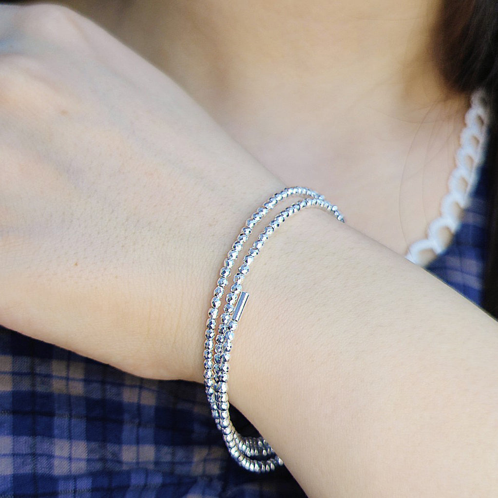 1pc 999 Sterling Silver Triple-Layer Laser Bead Stretch Bracelet, Sparkly Minimalist Style, Perfect For Daily Wear And Valentine's Gift