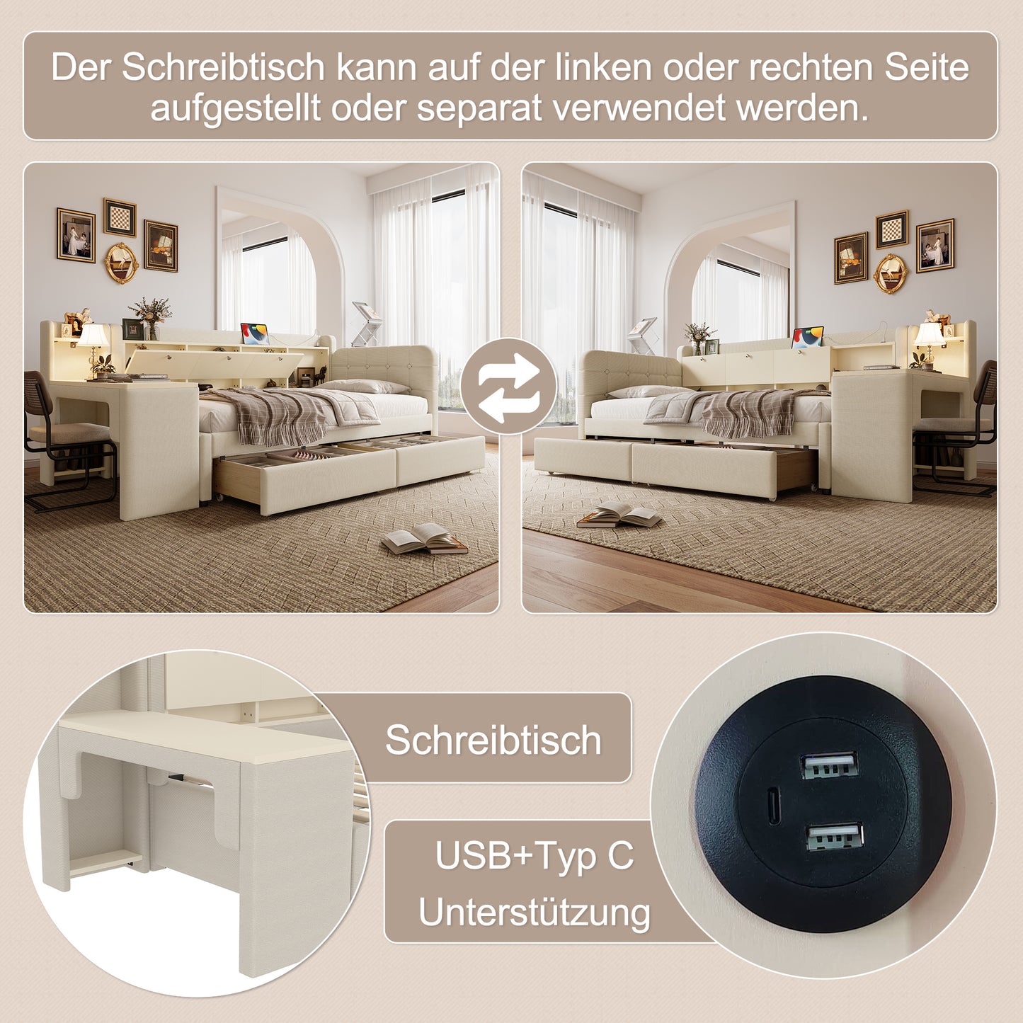 Daybed, Daybed, Sofa Bed, With 2 Drawers, Desk, USB  Type C, Flip-top Storage Compartment, Storage Compartment, Bed With Slatted Base Without Mattress, Linen, Beige