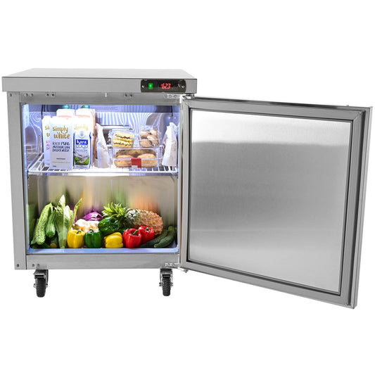 Commercial Refrigerator, 28' Undercounter Worktop Refrigerator, 7.4 Cu. Ft Thick Stainless Steel Refrigerated Food Prep Station Fan Cooling Single Door Worktop Fridge With Lock For Bar