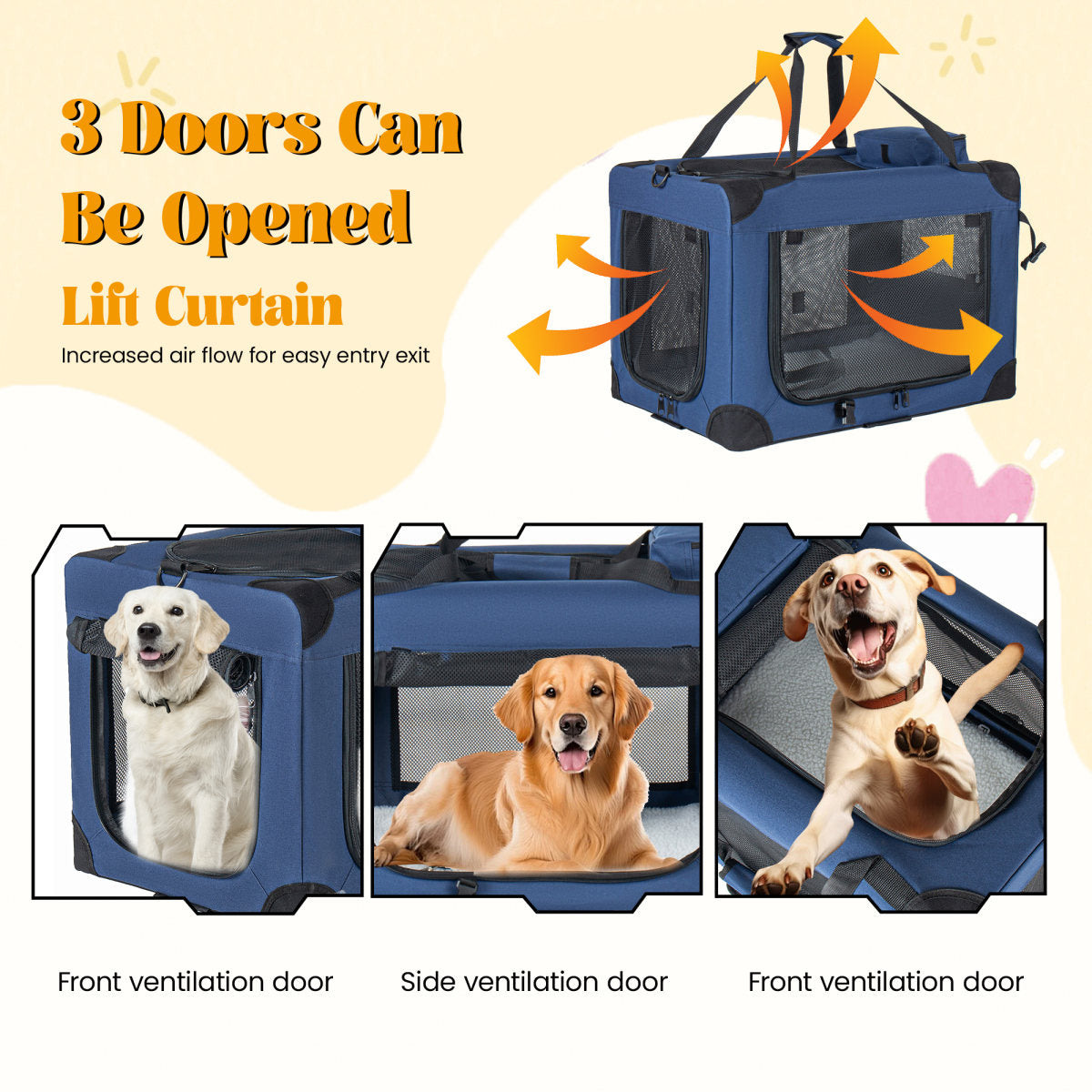 40   Soft Dog Crates Kennel, 3-Door Portable Folding Pet Carrier With Mesh Windows, Straps And Fleece Mat For Dogs, Cats, Rabbits, Meeting The Needs For Indoor, Outdoor, And Travel Use, Dark Blue
