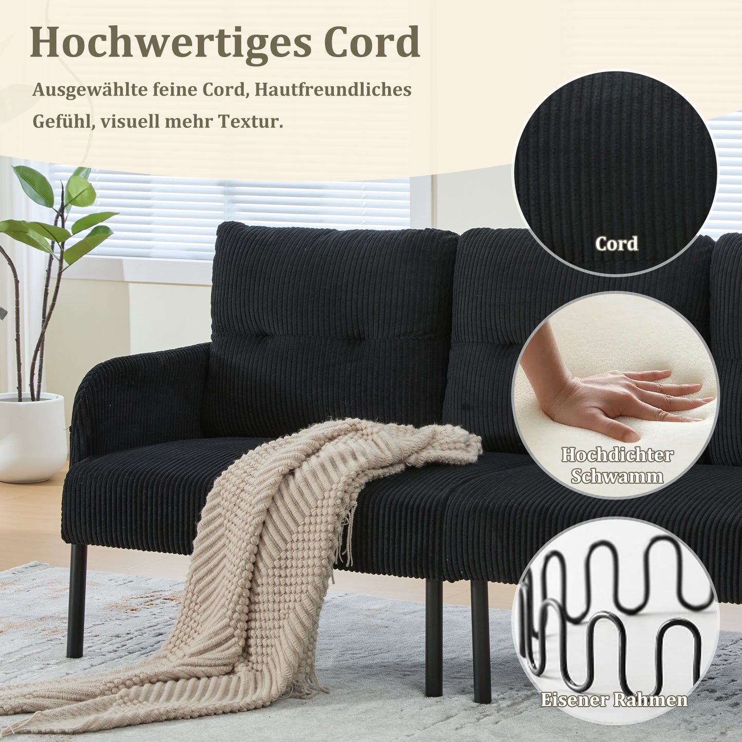 Corduroy Three-seater With Soft Comfort Upholstery, High Backrest And Practical Side Pockets. Sturdy Metal Feet And Sturdy Construction. Versatile For Living Room, Bedroom Or Home Office.