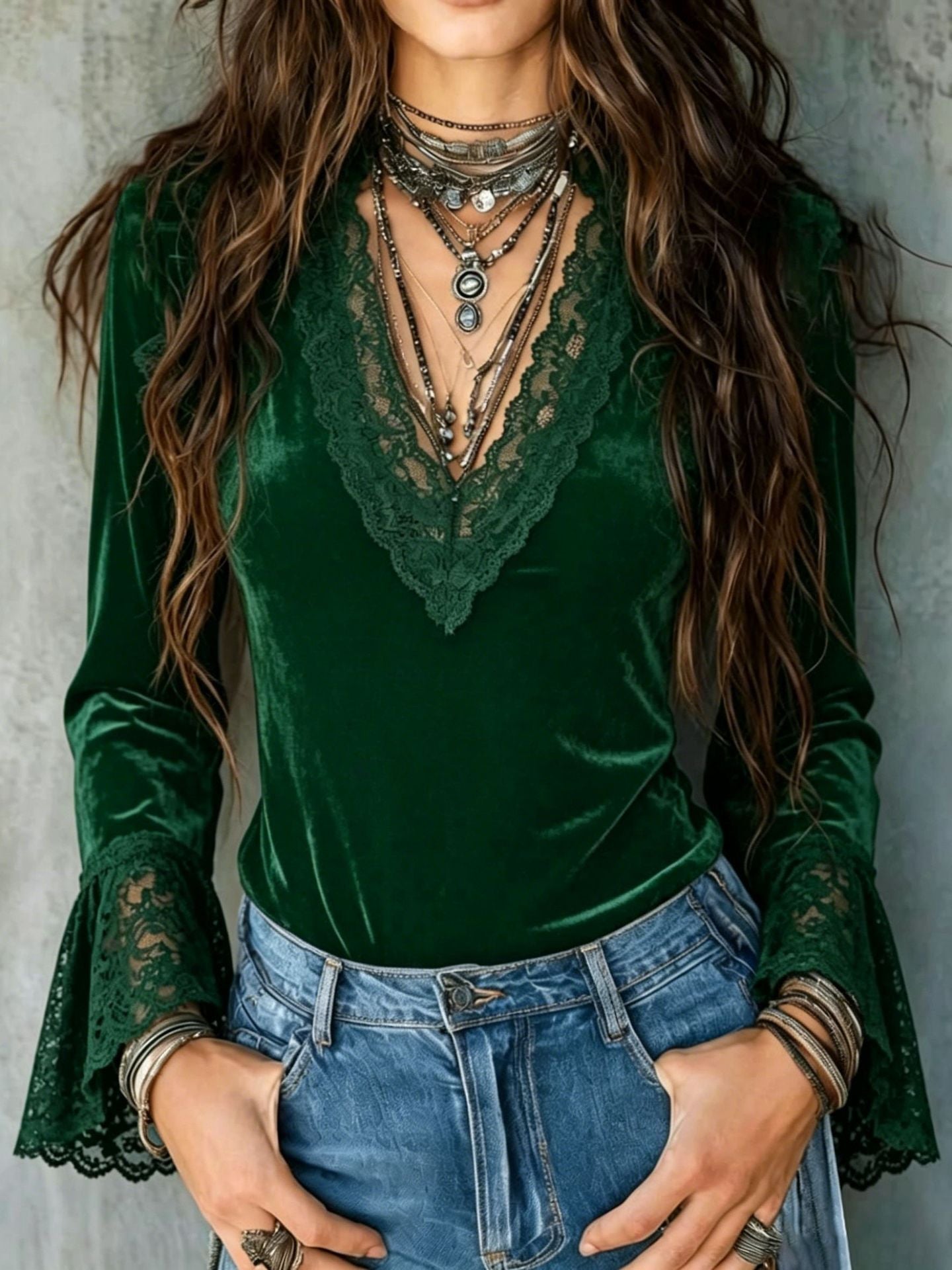 New Velvet Patchwork Deep-V Lace-trimmed Flared-sleeve Slim-fit Long Sleeves