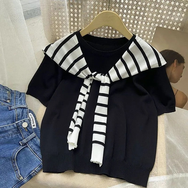 Short-sleeved Knit Top With A Chic Korean-style Faux Two-piece Shawl