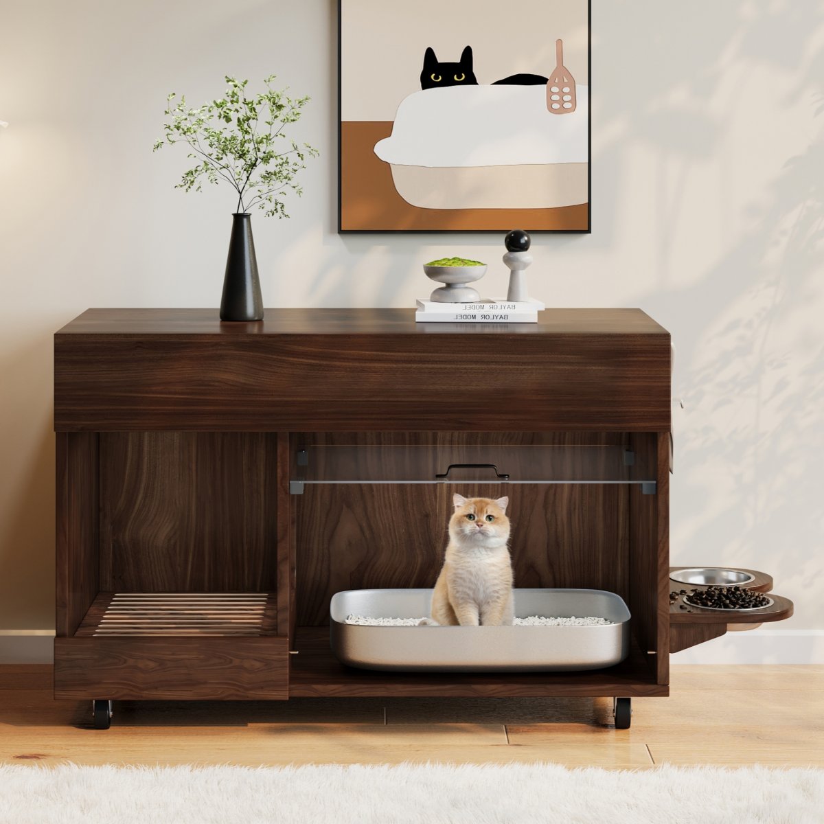 Movable Cat Litter Box Cabinet  Cat Litter Box With Cat Food Plates, Sand Drip Tray, Perforated Plate With Hook Holes, Without Litter Box, 1 0 0x45.5x67 Cm, Walnut Colour