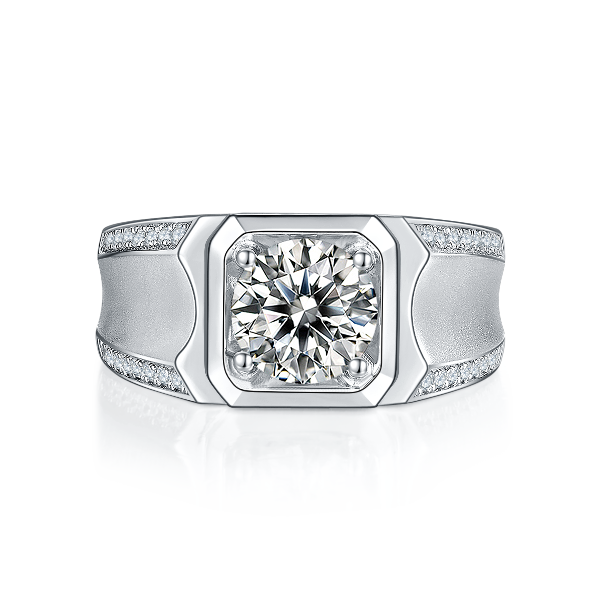 S925 Sterling Silver 2ct Moissanite Men's Ring, D-VVS1 Octagon Bezel, Matte Pave Band, US Sizes 5-9, GRA Certificate Gift Box