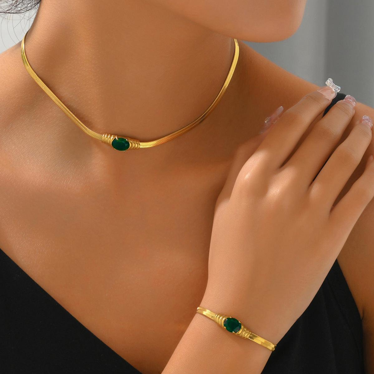 European American Cross-border Women Jewelry Set, Niche Light Luxury Necklace & Matching Earrings Inlaid Emerald Green Cubic Zirconia, Versatile Daily Fashion Accessories