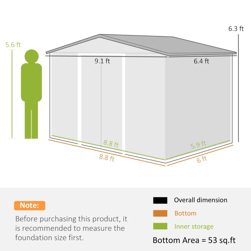 9' X 6' Outdoor Storage Shed, Garden Tool Metal Shed With Foundation Kit, Light Gray